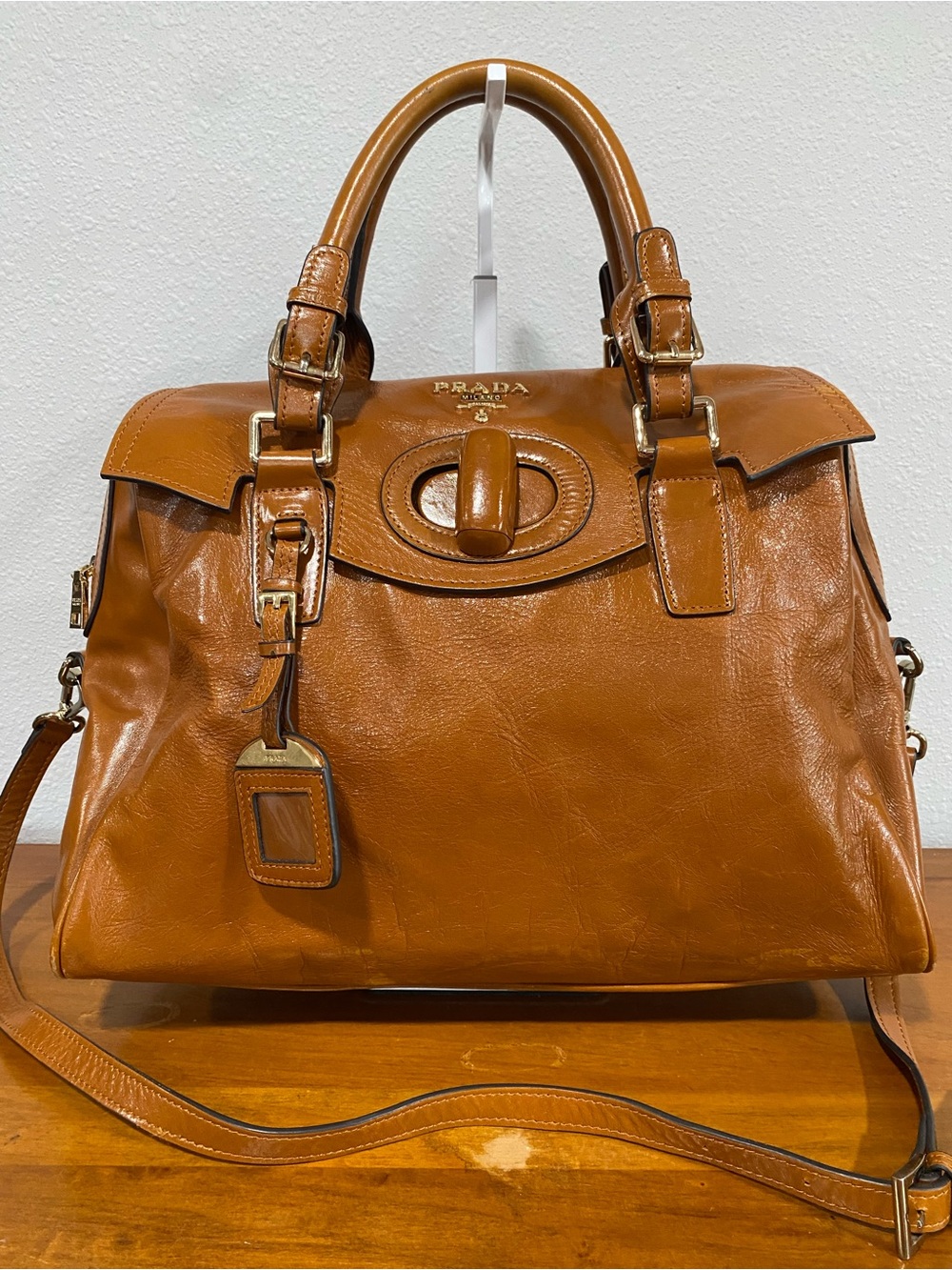 Tan Leather Satchel with Top Handles and Crossbody Strap